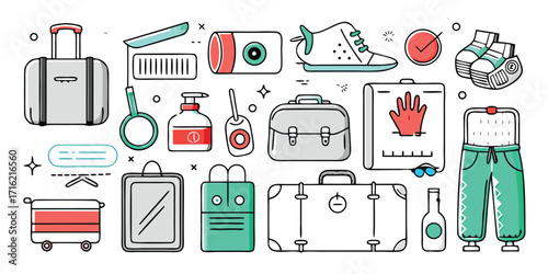 Travel essentials collection with luggage shoes apparel and accessories for your next journey