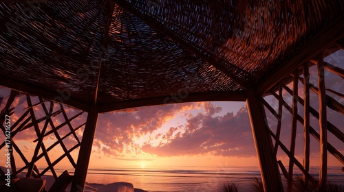 Interior of a beach hut with a view of a colorful sunset over the ocean with clouds