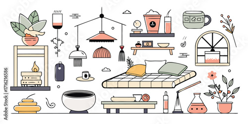 Cozy home decor elements bedroom living room accents and furniture illustrated collection