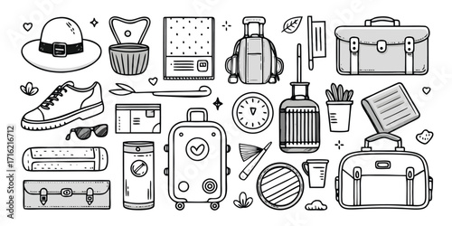 Collection of travel essentials including luggage clothing and accessories hand drawn sketch