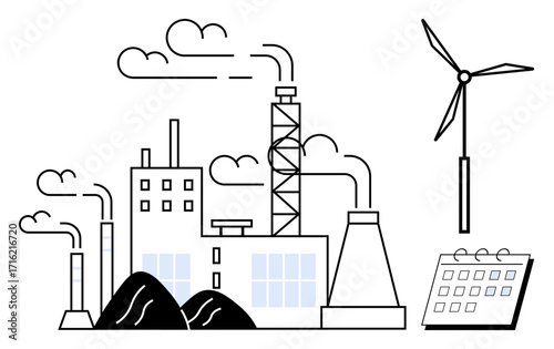 Factory with chimneys emitting smoke, wind turbine, and calendar symbolizing sustainability and energy transition. Ideal for industry, environment, technology, ecology, renewable energy, efficiency