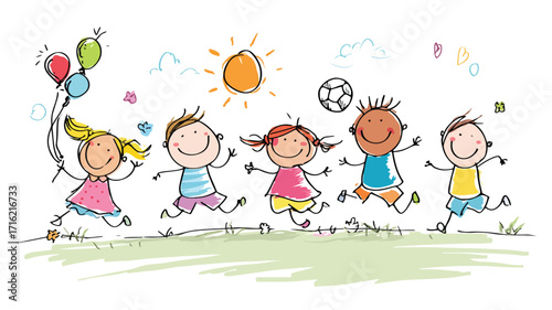 Happy Children Playing Together - Joyful Cartoon Illustration