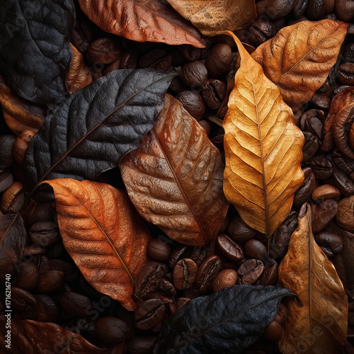 Coffee Beans and Leaves: An artistic display of coffee beans and richly colored leaves creates a warm, earthy composition.