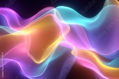 Abstract wavy shapes glow with yellow, pink, blue, and purple light. Use as backdrop, banner, or graphic for energy or technology concept.
