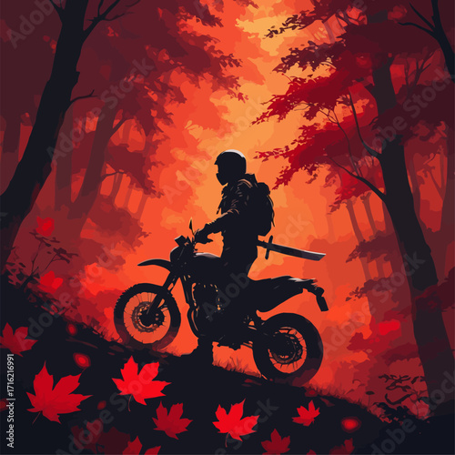 vector silhouette of a biker in a mountain background, carrying a katana