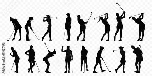 Silhouette male golf golfer golfing action poses in the ground . Transparent PNG available
Silhouette illustration of golfers in various swinging and standing poses with golf clubs  . 