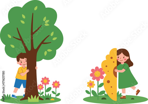 Happy children playing hide and seek outdoors, boy hiding behind tree, girl hiding behind bush, colorful flowers, nature background