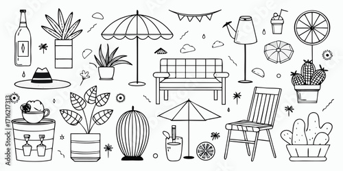 Charming outdoor furniture collection sketch featuring umbrellas chairs bench and plants