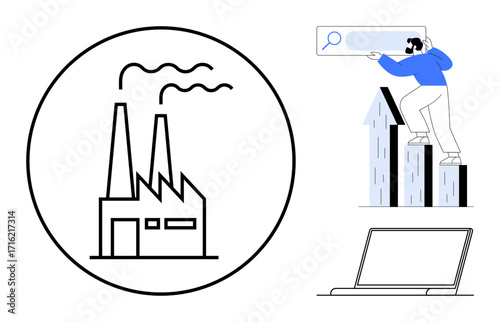 Factory with smokestacks, worker analyzing trends atop data charts, laptop for tech solutions. Ideal for industry, innovation, technology, data, growth business strategy. Modern flat metaphor