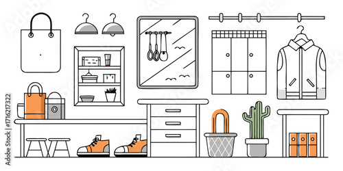 Modern home entryway storage design sketch featuring coat rack shelving and shoe cabinet