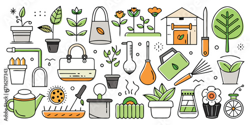 Charming collection of garden tools plants and watering cans botanical sketch style