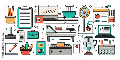 Office supplies and equipment collection line art with color accents home office business needs