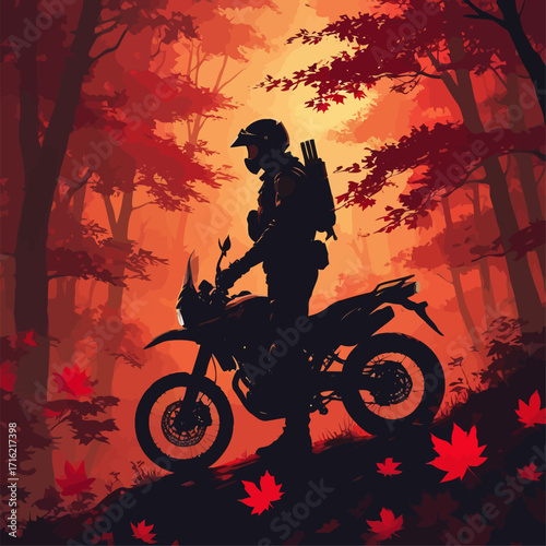 vector silhouette of a biker in a mountain background, carrying a katana