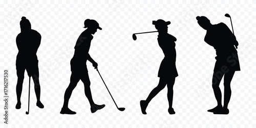 set of vector silhouette female professional golfers playing golf  . golfer, golf girls black vector silhouettes . eps 10