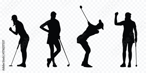 set of vector silhouette female professional golfers playing golf  . golfer, golf girls black vector silhouettes . eps 10