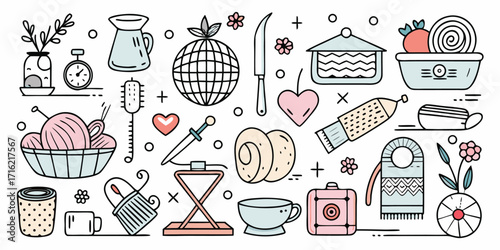 Whimsical collection of hand-drawn household items and food delights for creative projects