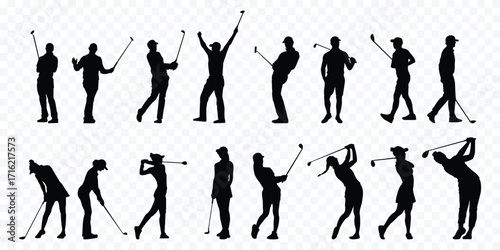 set of vector silhouette female professional golfers playing golf  . golfer, golf girls black vector silhouettes . eps 10