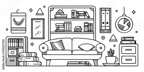 Cozy living room scene with bookshelf sofa and decor line art furniture