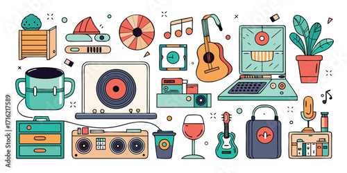 Collection of retro and modern music playback devices and accessories with artistic elements