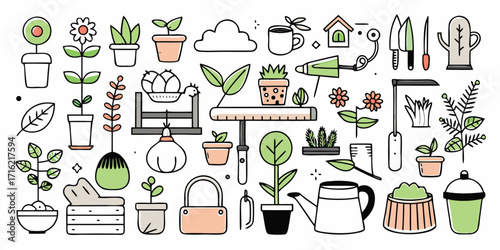 Hand drawn garden icons plants pots tools watering can seeds and more sketch style