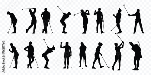  golfers silhouette collection. Golf Player set. People playing golf in trendy flat style isolated on white background, symbol for your website design, logo, app . eps 10