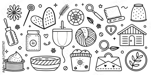 Whimsical hand drawn icons collection of food toys and home items for creative projects