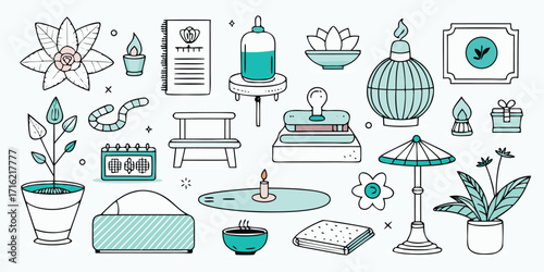 Hand-drawn sketch collection of home decor and furniture elements