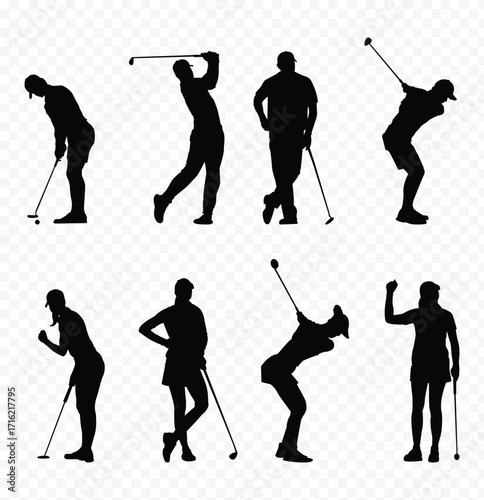  golfers silhouette collection. Golf Player set. People playing golf in trendy flat style isolated on white background, symbol for your website design, logo, app . eps 10