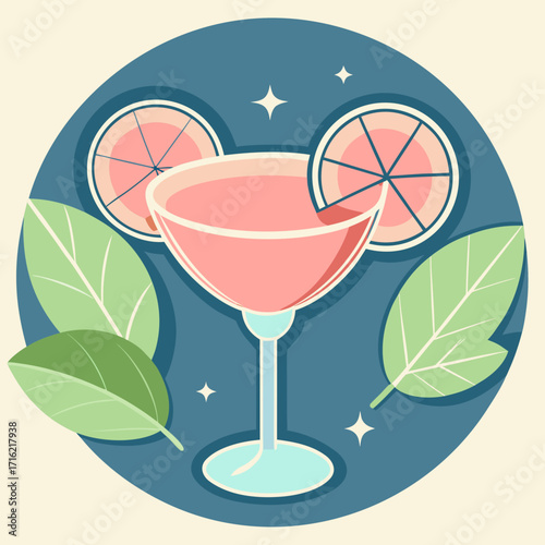 Daiquiri cocktail. Pink cocktail with citrus and leaves in flat graphic style