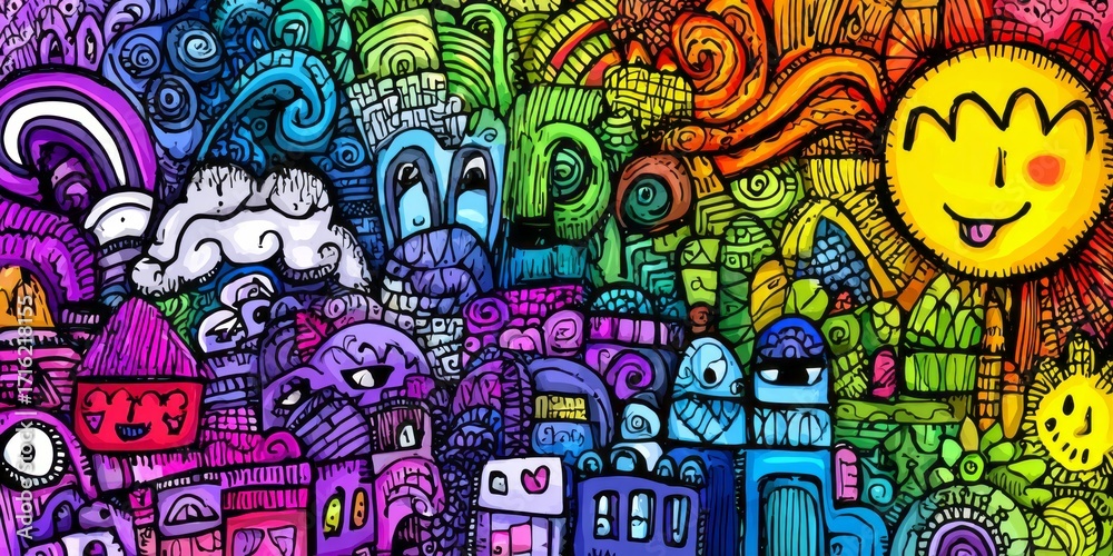 Obraz premium Vibrant, intricate design showcasing a colorful, detailed cityscape of whimsical, hand-drawn characters and patterns.