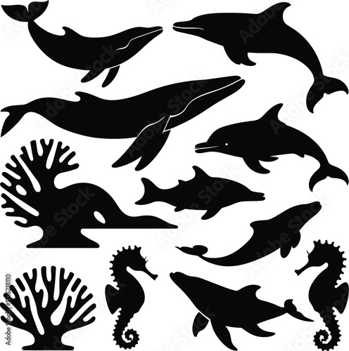 Vector art of black silhouette of sea animals whale, dolphin, seahorse, coral vector illustration of underwater wildlife in black color