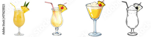 Pina Colada cocktail illustrations in tropical colorful style