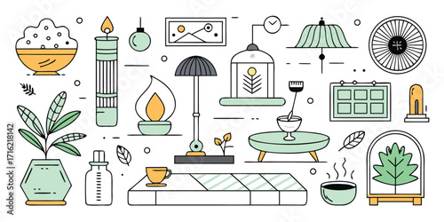 Cozy home decor elements collection with plants lamps and candles scattered artistically