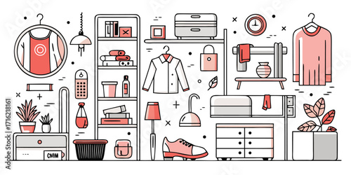 Stylish apartment interior featuring clothing storage home decor and accessories line art