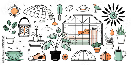 Whimsical garden doodles and greenhouse elements for artistic projects