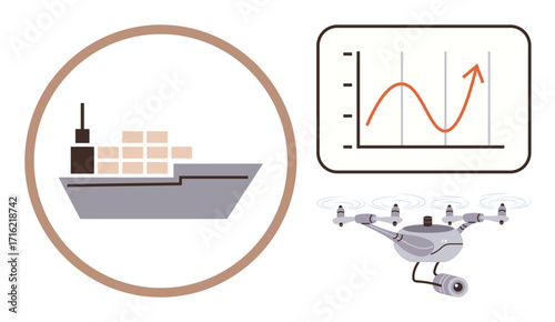 Cargo ship with containers, surveillance quadcopter with camera, analytics chart indicating growth. Ideal for shipping, logistics, technology, innovation, trade data analysis sustainability. Simple