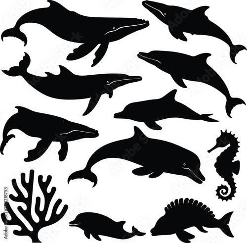 Vector art of silhouette of marine animals whale, dolphin, seahorse, coral, fish vector illustration of underwater wildlife in black color