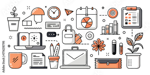 Doodle style office supplies and workspace elements collection clipart for business and organization