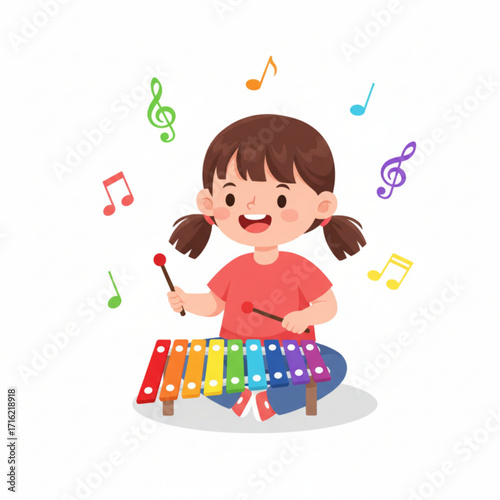 A happy girl is playing a colorful xylophone with music notes floating around her.