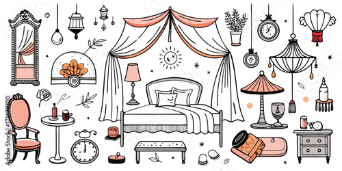 Vintage bedroom decor sketch collection with bed lamps clocks and wardrobe