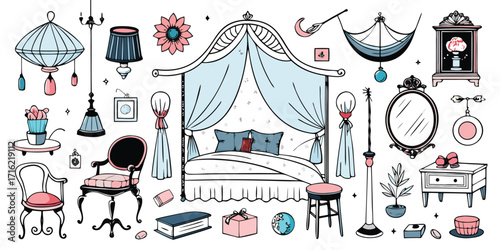 Vintage bedroom furniture collection with canopy bed chairs and decor elements