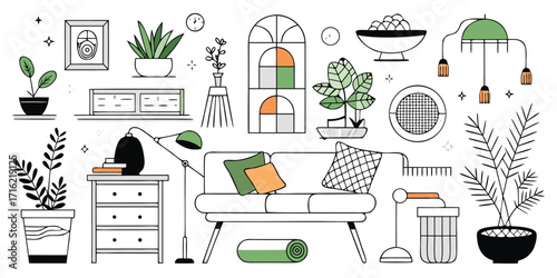 Cozy home decor collection with plants furniture and lighting elements for interior design