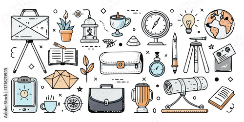 Doodle sketch collection of vintage office supplies and travel gear elements