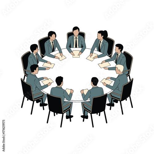 Business meeting around a circular table discussing strategy and planning with diverse professionals collaborating effectively.