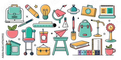 Collection of office supplies and tools for work and creative projects