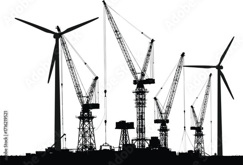 silhouette, crane, wind, turbine, construction, site, tower, blade, boom, hook, vector, black, icon, design, industrial, engineering, project, infrastructure, renewable, energy