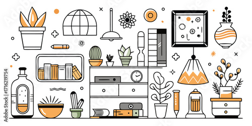 Charming collection of home decor elements and houseplants in a sketchy style