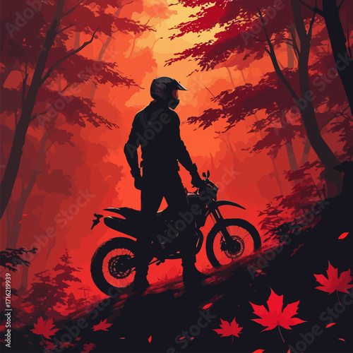 vector silhouette of a biker in a mountain background, carrying a katana
