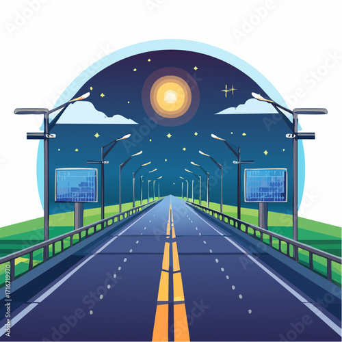 Night road with solar panels under a starry night sky