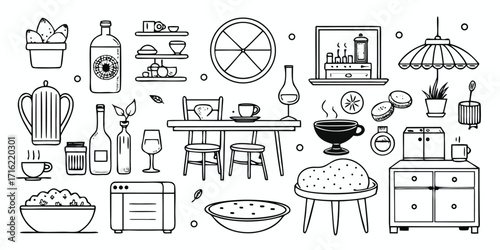 Collection of hand-drawn furniture and decor items sketches for interior design inspiration